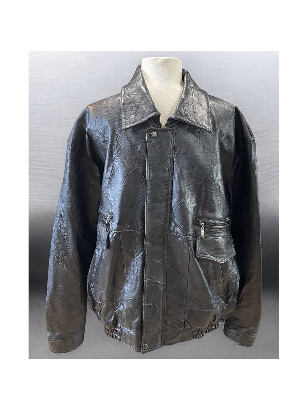 Leather Works Black Patchwork Leather Jacket Point Collar Men's Sz-XL (Tag 3XL)